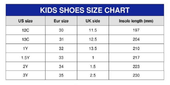 Kid JD1 size chart